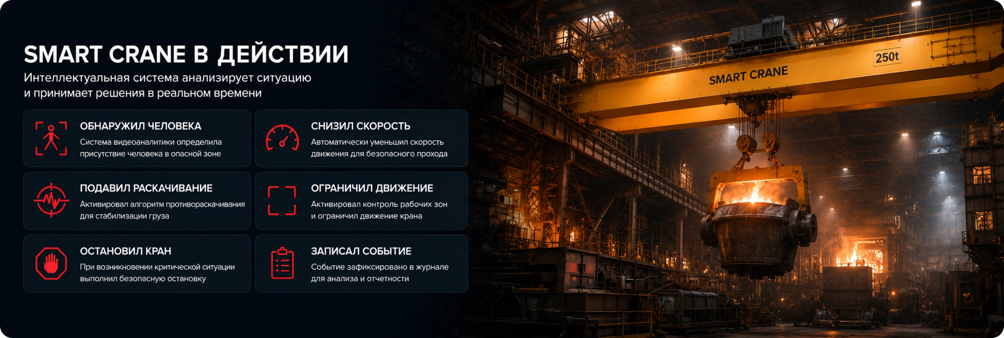 Smart Crane в действии: контроль зоны, подавление раскачивания, остановка механизмов